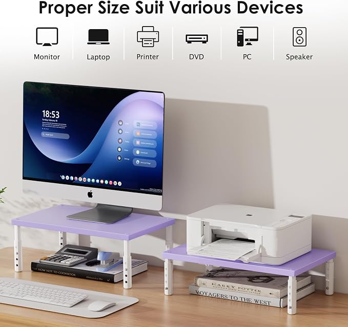 ECOLOVI Wood Computer Laptop Monitor Stand Riser, 4-Height Adjustable Desk Organizer and Accessories, Workspace Office Desk Decor & Accessories for Women, Purple