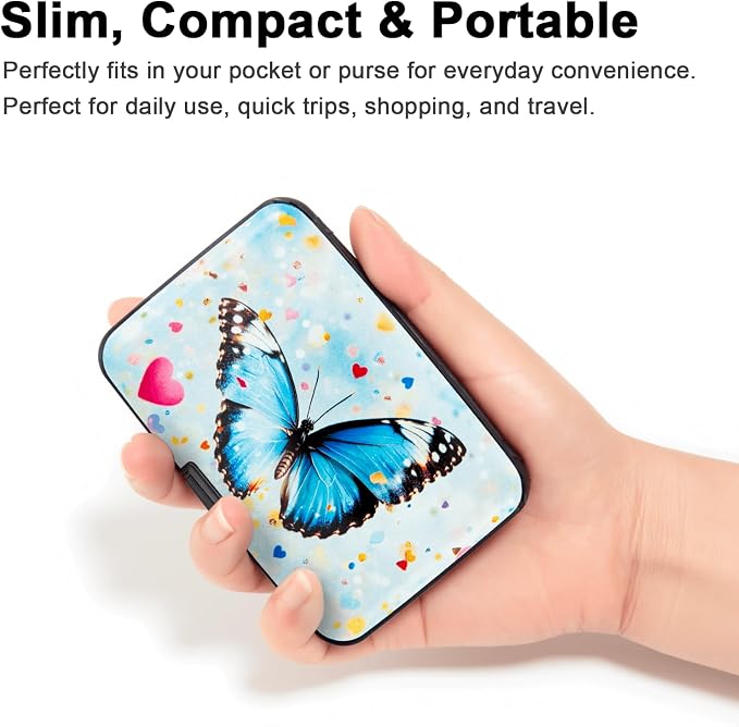 Credit Card Holder for Women Men RFID Blocking Wallet Small Business Metal Slim Mini Aluminum Hard Case (Colorful Hearts Butterfly)