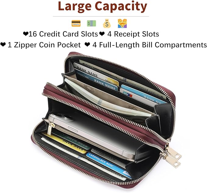 GOIACII Women's Wallet Large Capacity Double Zip Ladies Card Phone Holder RFID Blocking Wristlet Leather