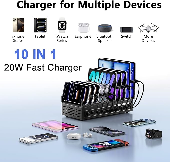 200W Charging Station for Multiple Devices, 10-Port USB Fast Charger Station,Desktop Multi Charging Station Hub Compatible with Samsung/iPhone/iPad/Google Pixel/Tablets and Other USB Electronics