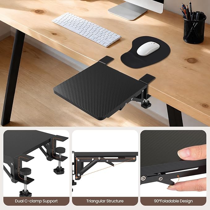 Ergonomics Foldable Desk Extender Tray with a Mouse Pad, 9"x9" Elbow Arm Rest with Clamp On Desktop Mount, 90° Foldable Armrest Support for Home and Office Use, Black