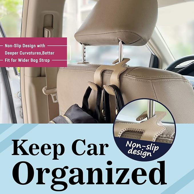 Upgraded Headrest Hooks for Purses and Bags, 2 in 1 Car Back Seat Head Rest Hanger Matching Cars Interior Genuine Leather Vehicle Storage Holder Hook, 2 Pack, Beige