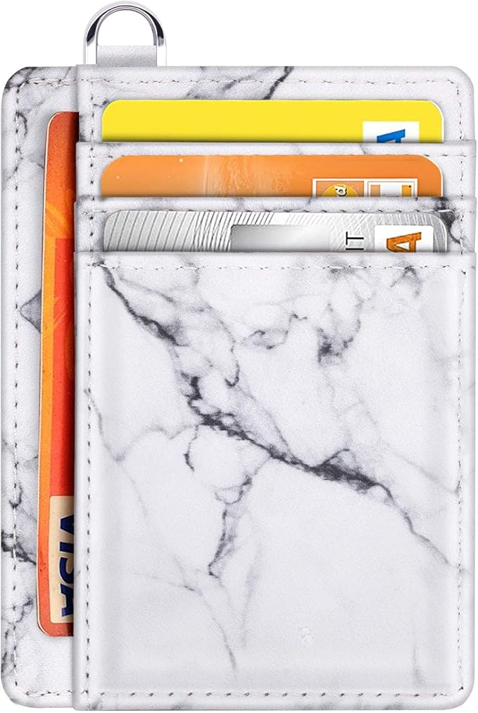 Coco Rossi Slim Front Pocket Wallet RFID Blocking Minimalist Credit Card Holder Wallet with D-Shackle for Women,White Marble