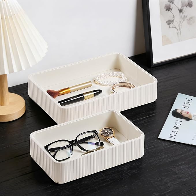Desk Organizer Tray, PU Leather Nightstand Organizer Perfume Valet Tray for Men Women, Decorative Vanity Trays Trinket Dish Key Bowl for Entryway Table (2pcs, Ivory, Large+Small)