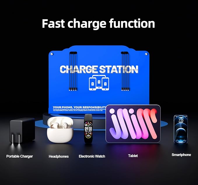 Wall Mounted 8 Port Charging Station with Fast Charigng Cables – Multi Device Charging Dock for Office, Hotel & Public Spaces | Compatible with iPhone ipad Smartphone Tablets Android Port (Blue)