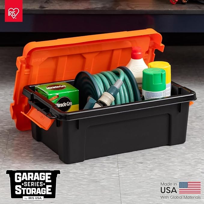 IRIS USA 4 Pack 12 Gallon Lockable Storage Bins, Heavy Duty Stackable Containers with Lids for Garage Organization or Moving, Black/Orange