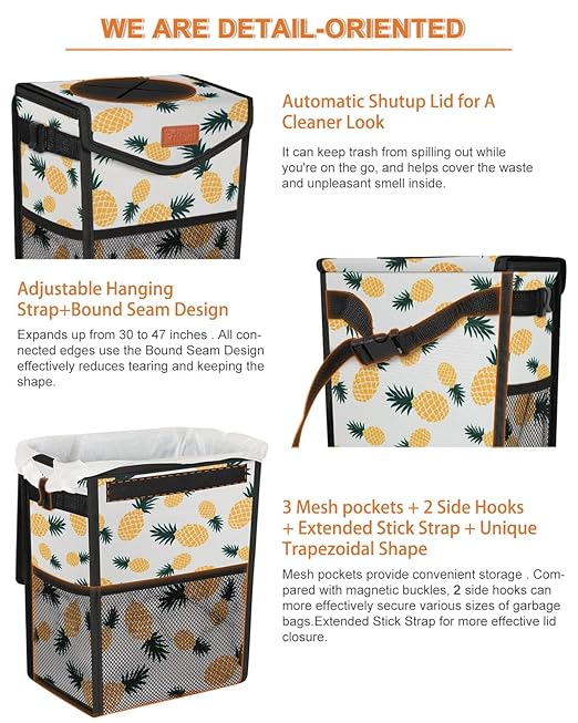 Pritent Car Trash Can with Lid, Cute Leakproof Car Trash Garbage Bag Hanging Vehicle Trash Bin Small Portable Automotive Garbage Cans Organizer for Back/Front Seat/Console(2.8 gal,Pineapple Print