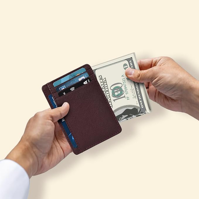 Real Leather Slim Minimalist Wallet for Men and Women -RFID Blocking Front Pocket Thin Credit Card Holder Stylish Wallets (Berry)