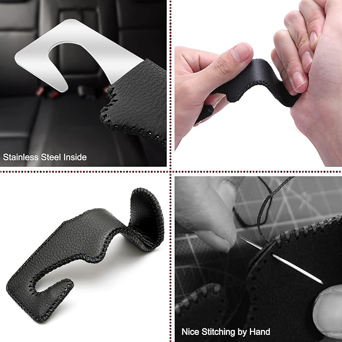 Car Purse Hook, Back Seat Headrest Genuine Leather Hangers Durable Vehicle Organizer Accessory for Hanging Grocery Bags, 2 Pack, Brown