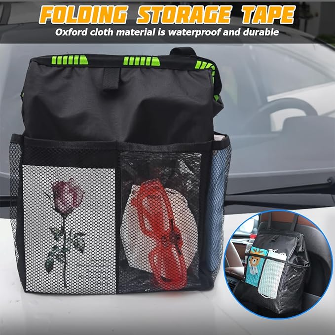 Car Trash Bag, Leak-Proof Large Capacity 3.4 Gallons Hanging Vehicle Trash Bin with Storage Pocket, Multipurpose Portable Auto Garbage Bag for Travel, UniversalFit (Black/Green)