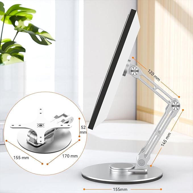 Swivel and Tilt Stand for Echo Show 15 (Gen 1, Gen 2), Portable Monitor Stand, Adjustable Angle and Height with 360° Rotation Bases, Switching Between Landscape and Portrait Screens (Silver)