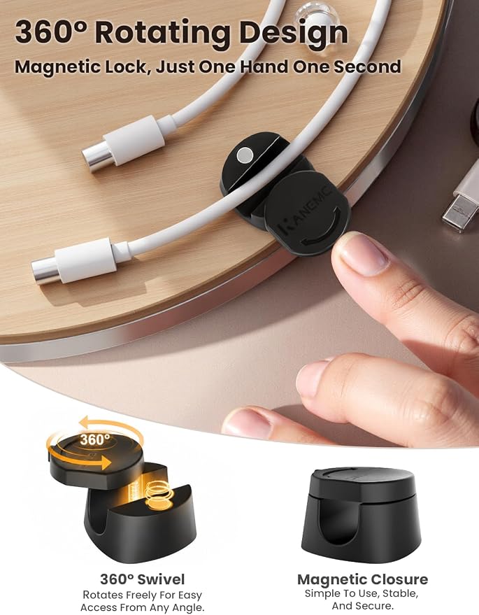 6-Pack Magnetic Cable Clips 360° Rotating, Kanemc Adhesive Cord Organizer for Desk, Minimalist Wire Holder Cable Management for Phone Charger, Laptop Cords, Nightstand and Office Accessories