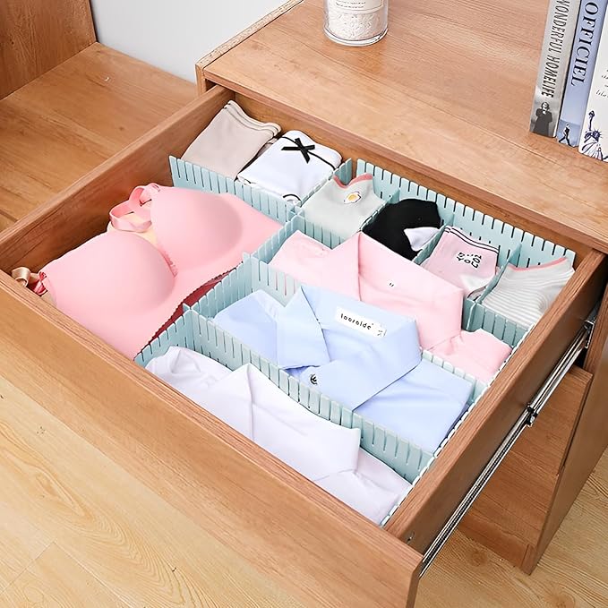 JEPELUS 8PCS Drawer Divider - 14.5in*2.7in/37cm*7cm, DIY Grid Drawer Dividers for Kitchen Bathroom Office Nursery, Plastic Drawers Separators for Socks Underwear Dresser Baby Clothes Medicines - Blue