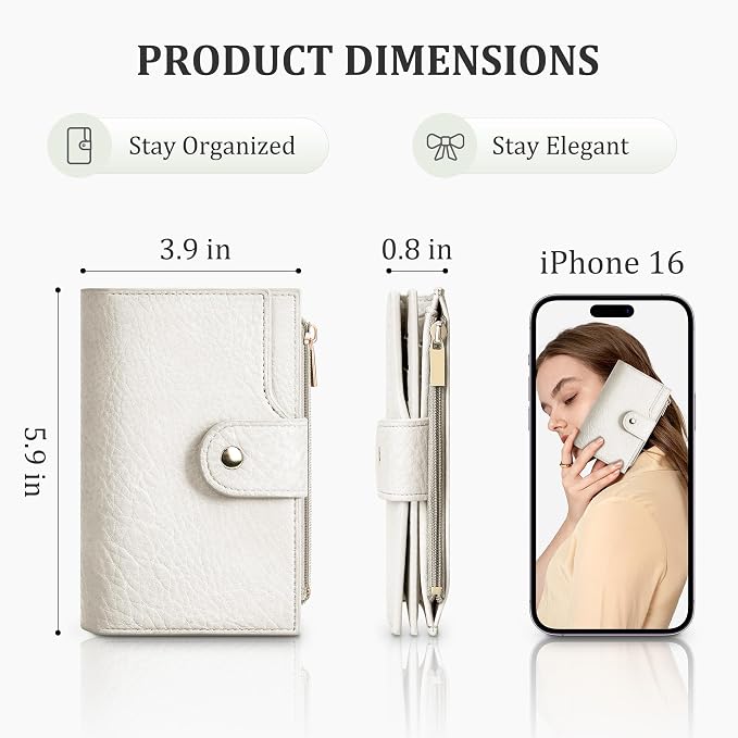 Airkit Small Women's Bifold Wallet, RFID Blocking Credit Card Holder with Zipper, Travel Cute Coin Pocket Wallet for Ladies, Cream White