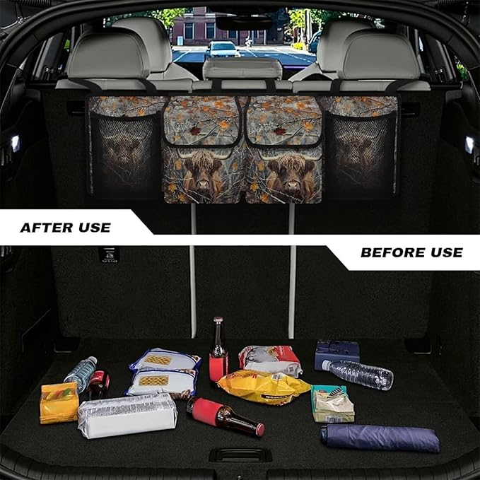 Branch Cattle Design Car Trunk Organizer,Backseat Hanging Organizer with 4 Large Storage Pockets,Trunk Bag for Car,SUV,Truck,Van Kids Travel Not Easy to Fade