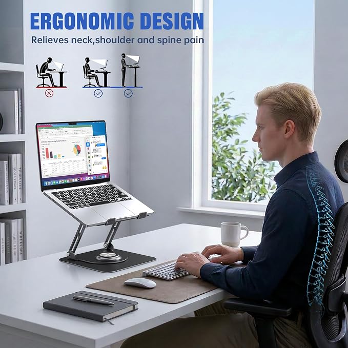 JOYEKY Laptop Stand for Desk, Adjustable Computer Stand with 360° Rotating Base, Ergonomic Laptop Riser for Collaborative Work, Foldable & Portable Laptop Stand, fits for All 10-16" Laptops