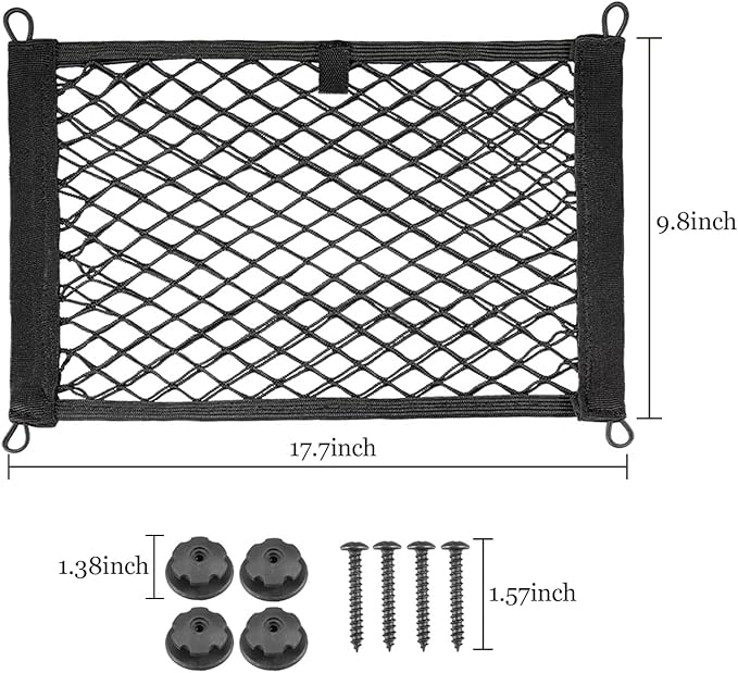 2 Pack Universal Mesh Cargo Net，BetterJonny Stretchable Elastic Automotive Cargo Nets with 8 Pieces Mounting Screws and Hooks for Car Trunk Storage Mesh Pocket Net(Black)