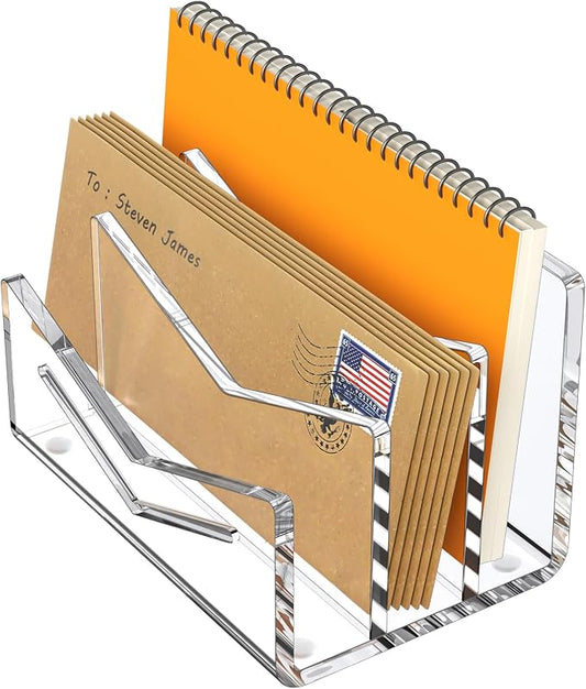 Beego Envelope and Mail Organizer Countertop - 3 Compartments Clear Acrylic Desk Organizer Letter Holder Desktop File Sorter Bill Document Folder Rack for Office, Home, School Desk Organization