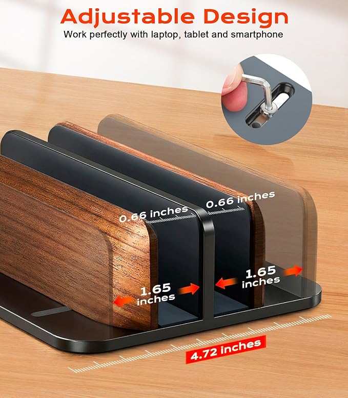 JCZT Vertical Laptop Stand, Walnut Dual Laptop Holder with Adjustable Aluminum Alloy Base Laptop Stand Compatible with All MacBok/Surface/Samsung/HP/Dell/Chrome Book (Black)