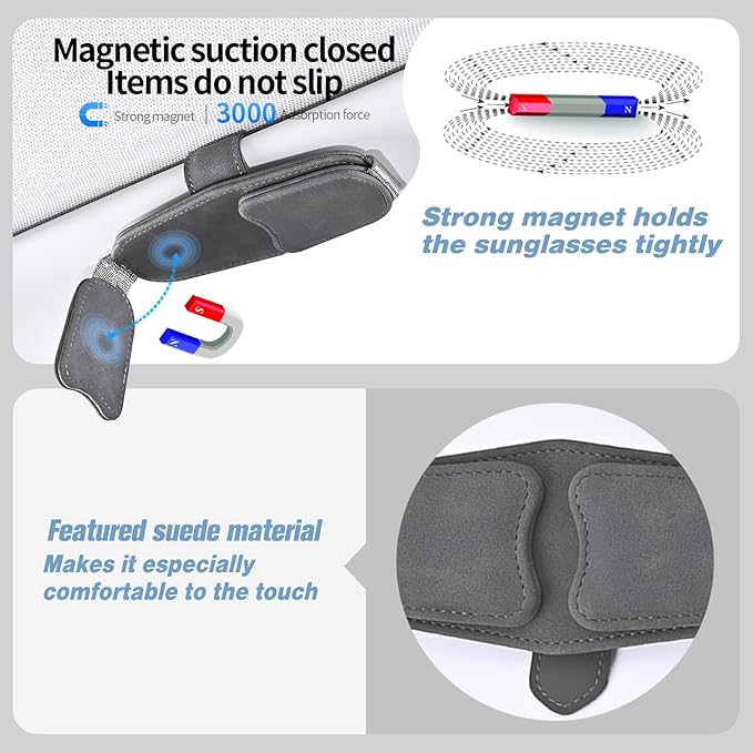 Car Sunglasses Holder - Visor Clip Style & Magnetic plush leather construction Doubles as credit card & fuel card box with storage pocket &Holds sunglasses