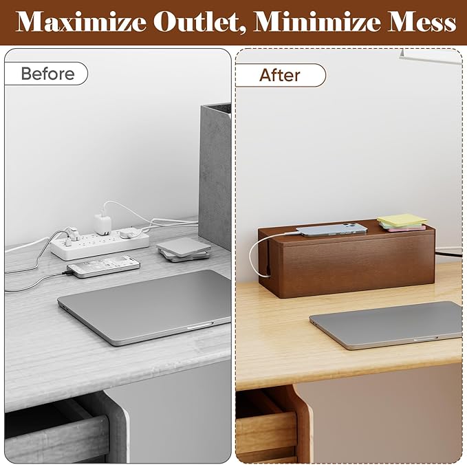 DELAMU 14.17" Large Cable Management Box with Magnetic Lid, Cord Mangement Box and Cord Box Hider for Electrical Cord Management with Ventilation Design, Hide Cables on Desk and Floor, Cable Box Brown