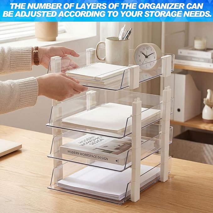 SiliFine 4 Tier Clear Stackable Desk Organizer 12.68 x 10.47 x 12.91 Inch Plastic Letter File Trays Rectangular Paper Storage Holder for Office Desktop Document Classroom Hospital (White)