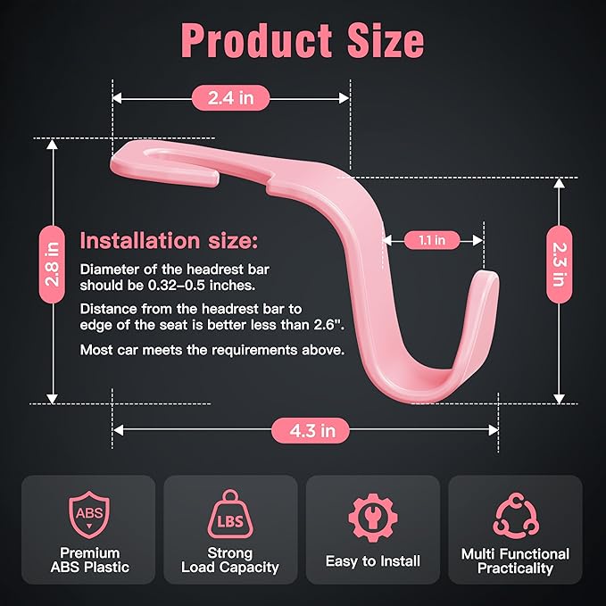 Amooca Universal Car Headrest Hooks, Car Organizer Hanger Storage Hooks for Bag Purse Cloth Grocery (Pink Set of 4)
