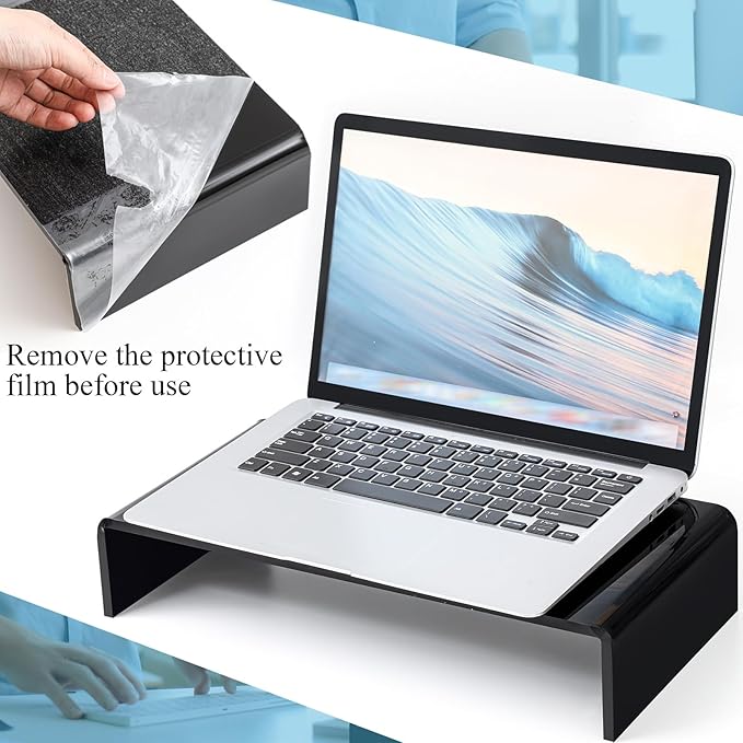 Jetec 2 Pcs Acrylic Monitor Stand Desktop Video Acrylic Monitor Riser Desk Shelf Computer Stand for Laptop TV Computer Screen Desk Organizer Teacher's Day Supplies (Black, 12 x 8 x 3 Inch)