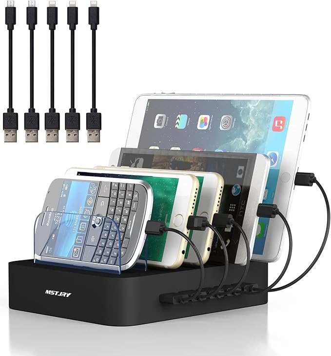MSTJRY Charging Station for Multiple Devices : 5 Port Multi USB-A Charger Stations Multi-Device Organizer Charging Dock Designed for iPhone iPad Cell Phone Tablets (7 Short Cables Included), Black