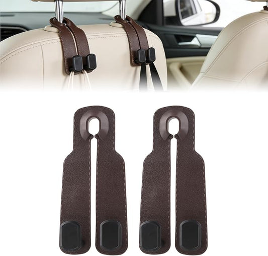 Car Seat Headrest Hooks for Purses and Bags, 4-Pack Heavy Duty Car Seat Hooks with Anti-Slip Pad, Universal Car Backseat Organizer Hanger Accessories for Grocery Bags (Brown)