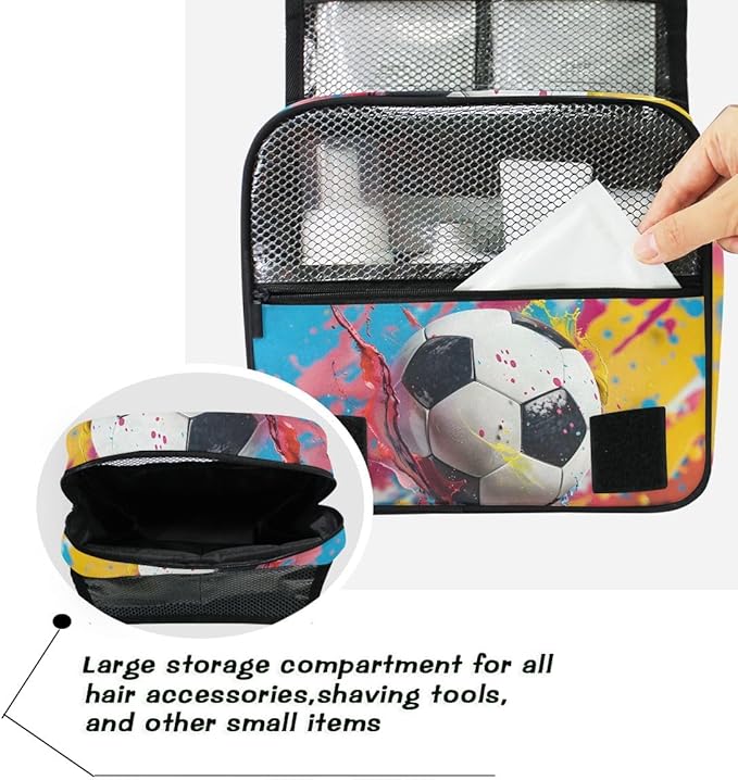 Hanging Travel Toiletry Bag Kit Boys Makeup Case Cosmetics Organizer for Men Women (Soccer Colorful)