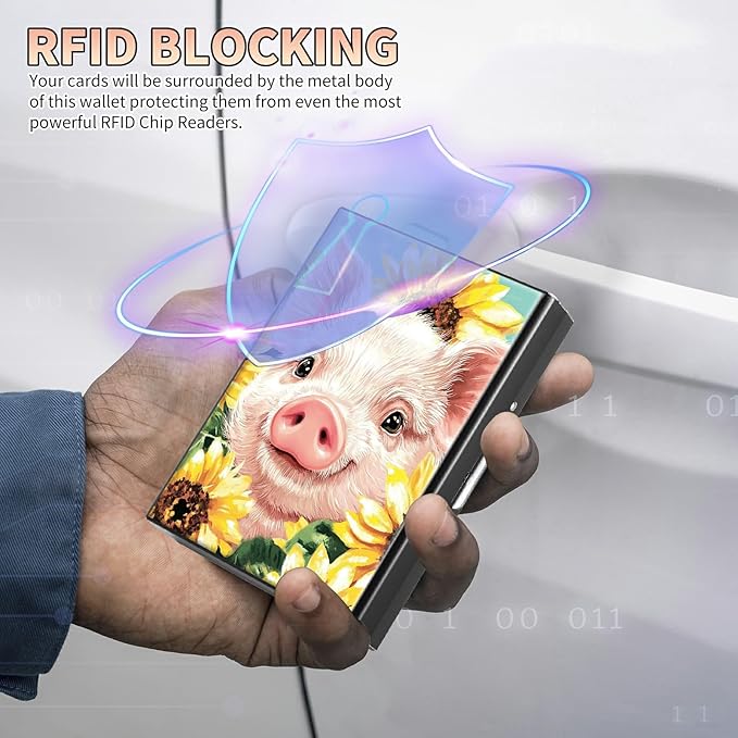Slim Credit Card Holder, Pig Sunflowers RFID Blocking Metal Wallet for Men & Women, Aluminum Minimalist Hard Case Pocket-Sized Business Cards Organizer (Fits Up to 10 Cards)