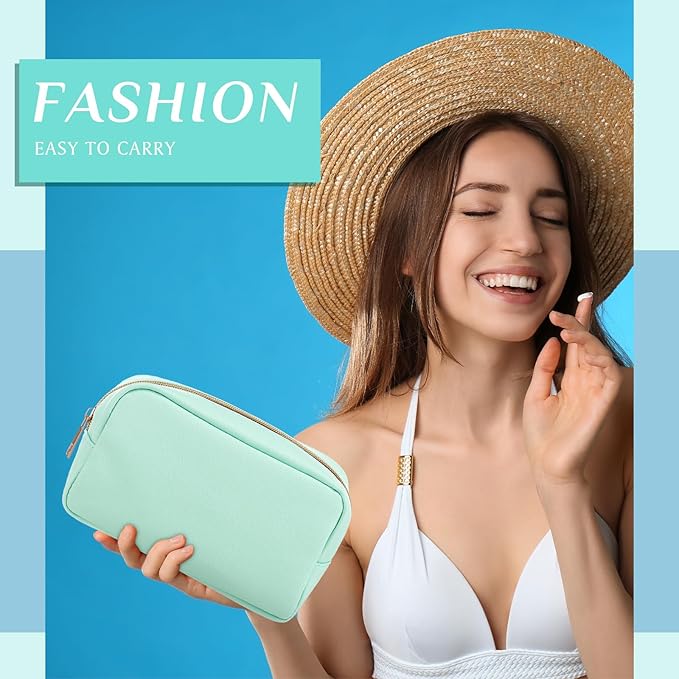 Sweetude 10 Pcs Makeup Bag Bulk for Women Preppy Gift PU Leather Cosmetic Bag Small Skincare Toiletry Pouch Mother Travel Cosmetic Pouch for Bridesmaid Bride Wedding Gift Favors (Blue Green Yellow)