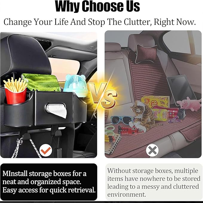 Back Seat Car Organizer,4 in 1 Multifunctional Car Back Seat Storage Box with Drink Cup Holder Tissue Box, for Hold Phone,Snacks, Drinks, Handbag-Black-2Packs