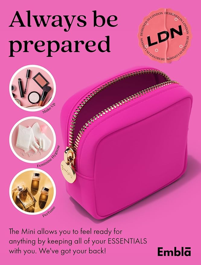 Embla Makeup Bag Travel Cosmetics Pouch and Toiletry Bag, Nylon Zipper Pouch Purse, Cute Make Up Organizer Storage Tote for Women Girls, Waterproof Travel Skincare Case, Small Makeup Bags, Fuchsia