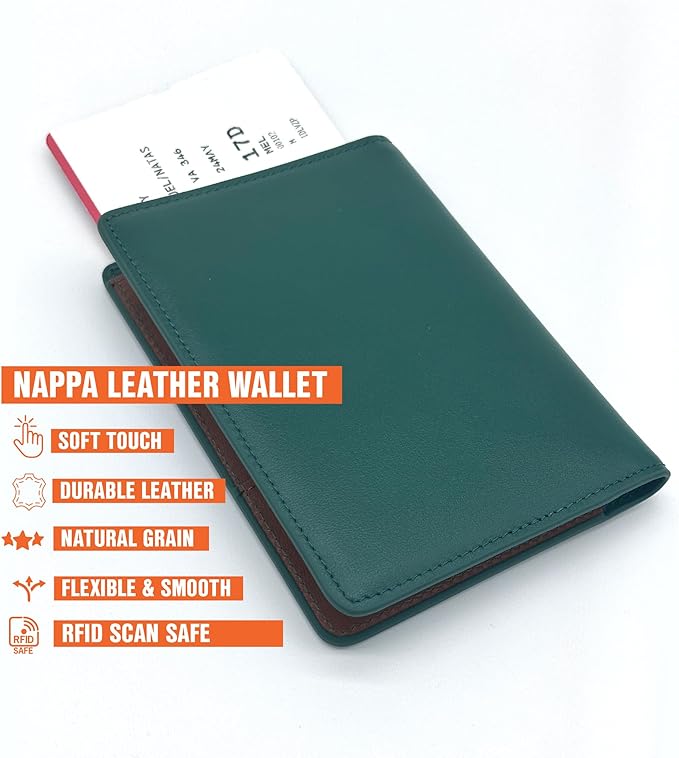 Slim Nappa Leather RFID blocking Passport Cover for Men and Women (Green/Brown)