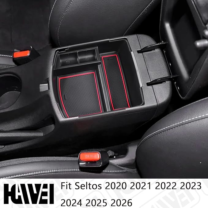 HGWEI Center Console Tray Organizer Compatible with Kia Seltos 2020 2021 2022 2023 2024 2025 2026 Accessories, Middle Armrest Insert Container ABS Secondary Storage Box, Red