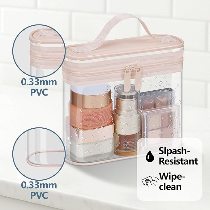 PACKISM Clear Toiletry Bag Combo Pack - 1 TSA Approved Medium & 1 Large Makeup Bag for Checked Luggage, Clear PVC Travel Bag with Handle, Dual Metal Zippers, Water Resistant Large Opening, Pink