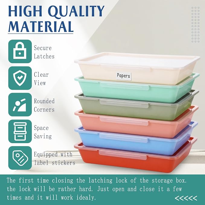 Tinlade 12 Pcs Classroom Paper Storage Bins with Clear Latching Lid, Label Stackable Letter Size Flat Tray Container for Teacher Back to School Supplies Home Office Desk Arts Crafts (Boho,13x10in)
