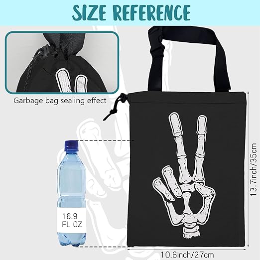 Car Garbage Bag Skeleton Hand Peace Sign Drawstring Car Trash Bag Hanging for Back Seat with Adjustable Buckle Canvas Vehicle Trash Can Easy-to-Install