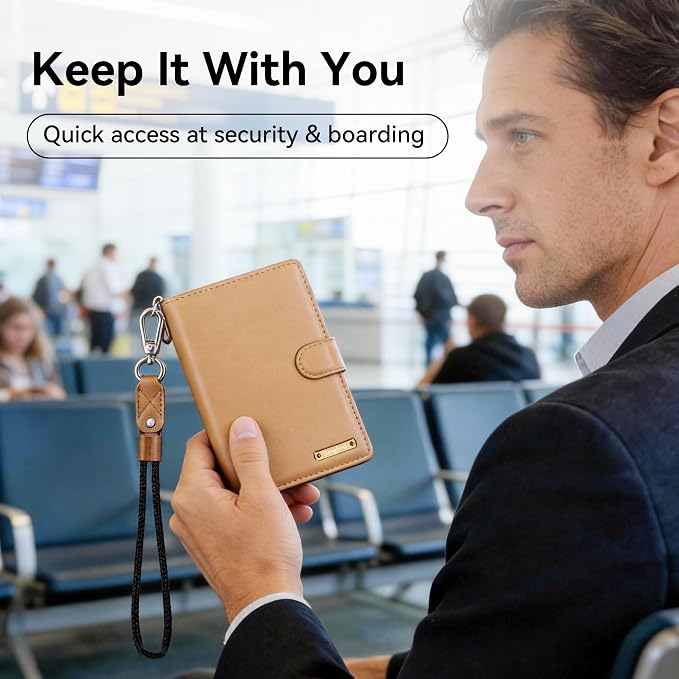 Passport Holder for Travel, Apple MFi Certified Smart Passport Cover Works with Find My, Rechargeable Travel Wallet with Lanyard, RFID Blocking Card Case, PU Leather, Brown