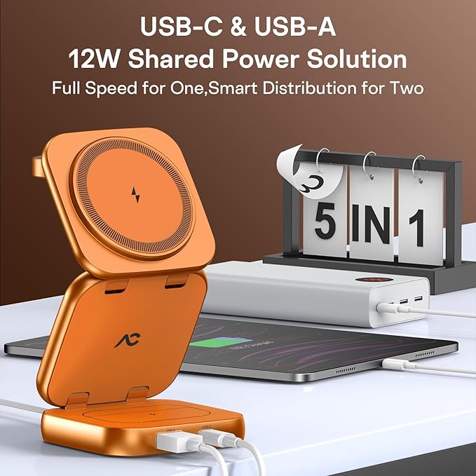 5-in-1 Wireless Charger for MagSafe, AC ISLAND Portable Travel Charging Station, 35W Max Fast Foldable Magnetic Stand, Evolved for iPhone 17-12 & Air Series, Apple Watch, AirPods (with 35W Adapter)