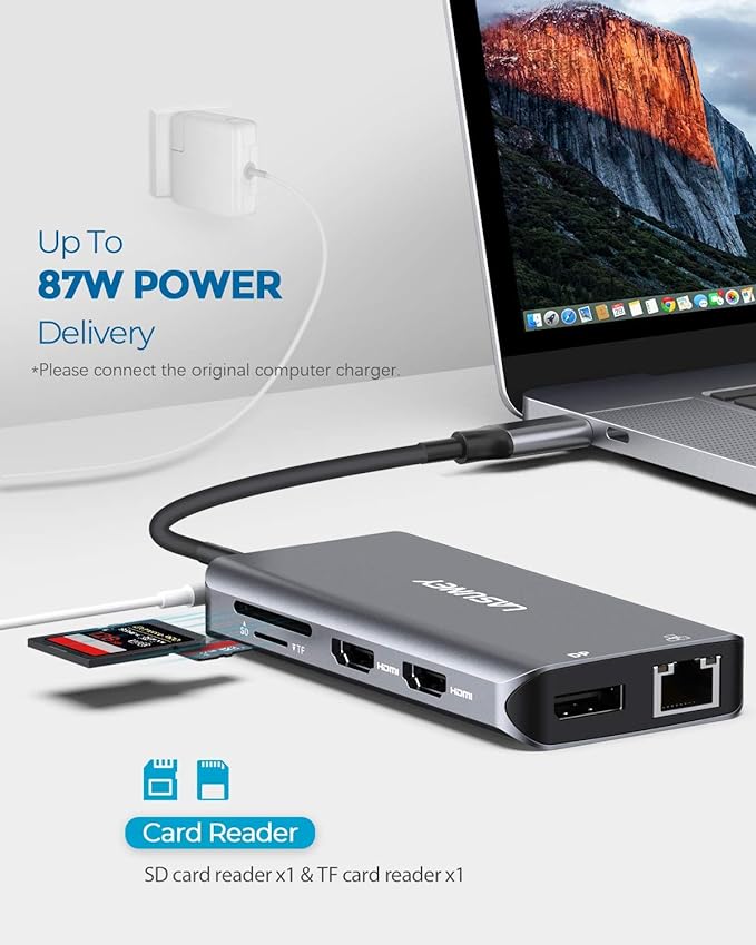 Lasuney Triple Display 10 in 1 USB Type C HUB with to 2 HDMI, Displayport, PD3.0, Ethernet, 3 USB Ports, SD/TF, Multiport Adapter Docking Station Dongle for Laptop