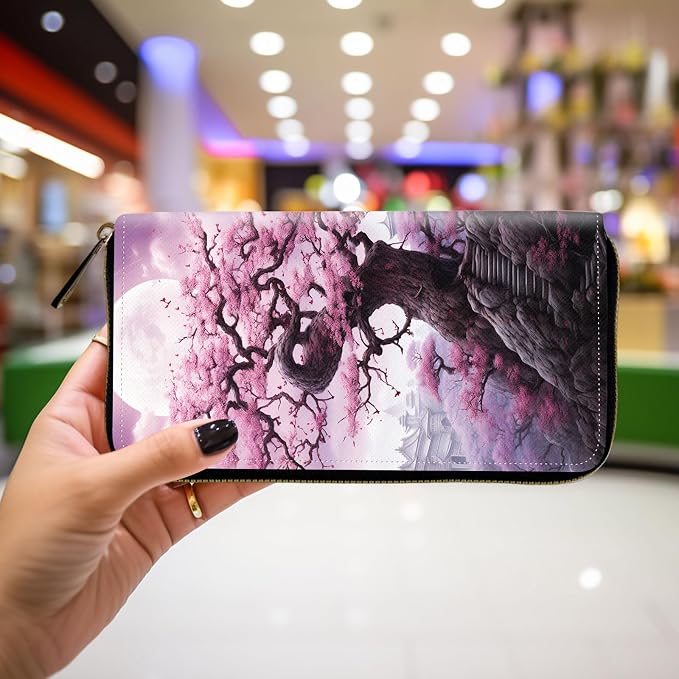 Wallet,Leather Long Wallet Suitable For Ladies And Teenagers - Detachable Wristband + RFID Travel Wallet With Card Slot - Cherry Blossom Tree