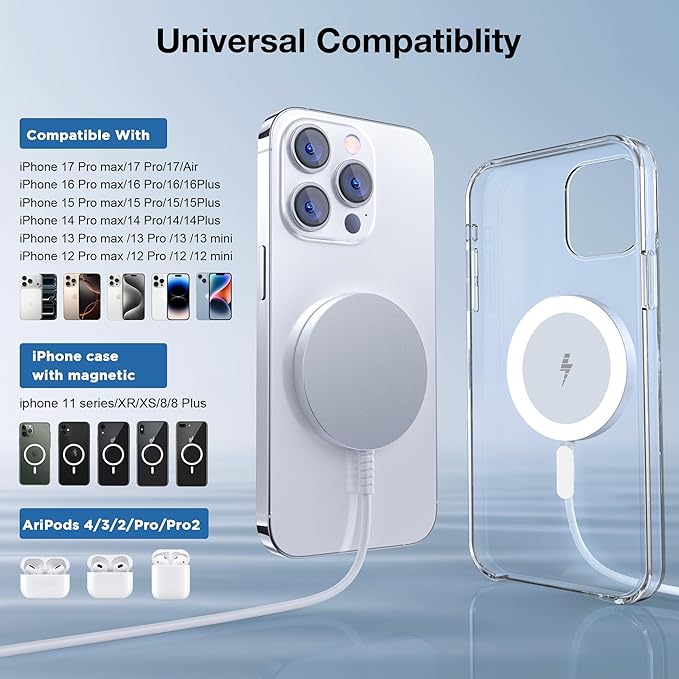 for MagSafe Charger: Magnetic Wireless Charging Pad for iPhone 17 16 15 14 13 12 Series & AirPods 4-2 Pro, Strong Magnet, Aluminum Alloy, USB-C/A Ports, Ultra-Thin & Portable, Ideal for Desk & Bedside