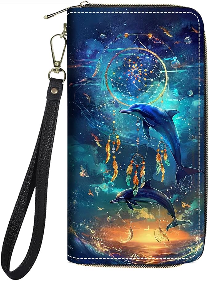 Women's Large Capacity Wallet PU Leather Zip Around Clutch Purse Multifunctional Wallet with Removable Wristlet Strap for Smart Phone/Coin/Card/Cash, Dream Catcher Dolphin