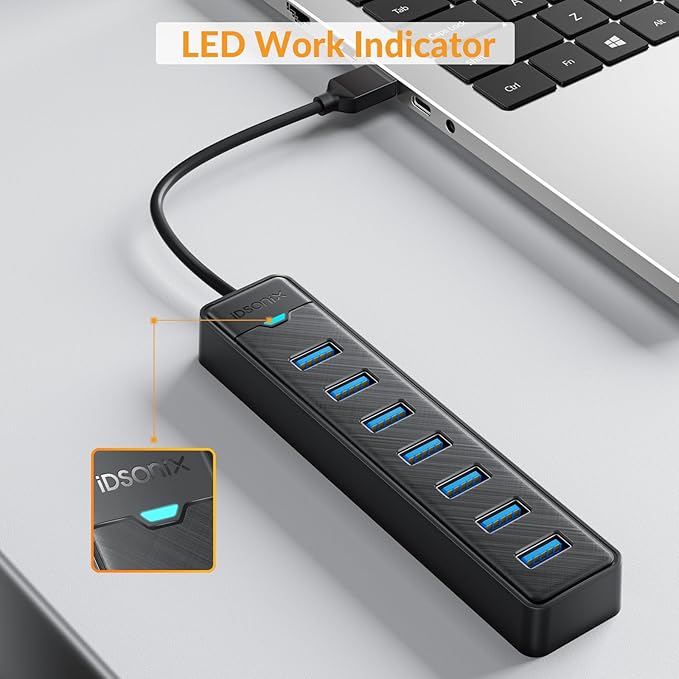 iDsonix 7-Ports USB Hub 3.0[0.5Ft] USB Splitter 5Gbps Multiport Adapter, USB Hub Extender for Desktop, PC, Laptop, Flash Drive, Mobile HDD, Windows/XPS, 15cm