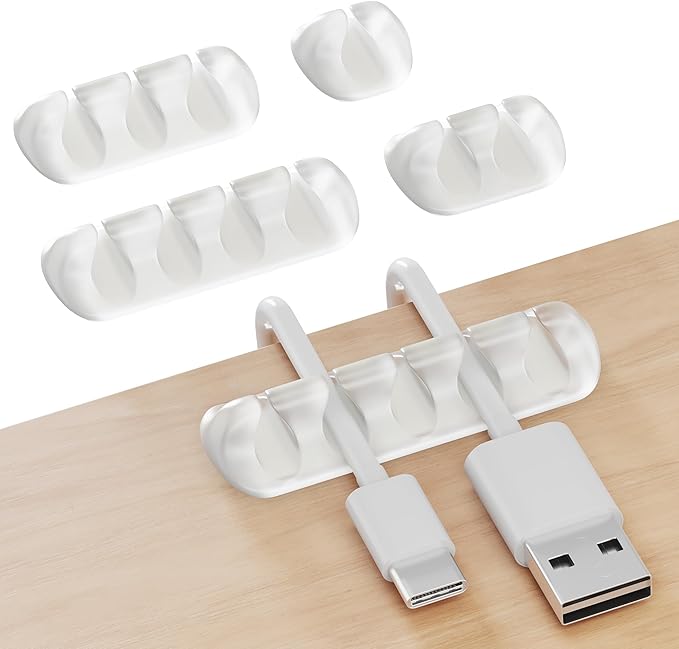 GLUIT Cord Organizer for Desk, Cable Holder for Nightstand, Charger Organizer, Adhesive Desktop Wire Clips, Multislot Cable Management, Table Organizer Accessories - 5 Pack, 15 Slots, Transparent