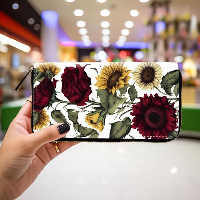 Wallet,Leather Long Wallet Suitable For Ladies And Teenagers - Detachable Wristband + RFID Travel Wallet With Card Slot - Roses Sunflower