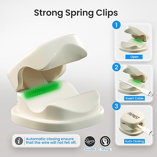Cord Organizer [Fast Lock] 8 Pack GRIPNEST White Spring Cable Management [Easy Grip] Cable Holder Clips, Strong Adhesive Charging Cord Organizer for Nightstand, Desk, Home, Office, Car.